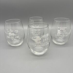 Funny Cat Stemless Wine Glasses Set Of 4 New‎ In Box